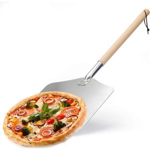 Professionele aluminium pizzaschep, pizzaschep van aluminium en beukenhout, pizzaschuiver, afneembare stabiele lange houten handgreep voor pizza, brood, grillen en meer