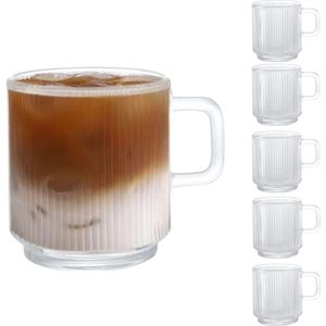 Latte macchiato-glazen met handvat, verticale strepen designglazen, koffieglas/theeglas, houdt lang warm, perfect voor latte, cappuccino, drink. (mokking)