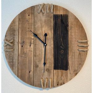 Wandklok - 50 cm - handgemaakt - handmade - romeinse cijfers - hout - stil uurwerk - landelijk - touw - zwart