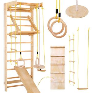 Klimrek - Klimwand - Turnrek - Klimtoestel - Klimtoren - Sportwand - Gymzaal - Voor kinderen en volwassenen - Met ringen - Hout - Tot 150 kg - 220 x 80 cm - Beige