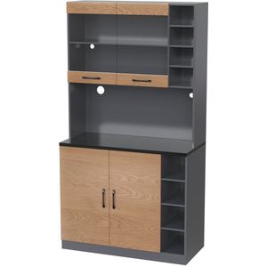 Dressoir opbergkast vitrinekast met LED-verlichting 8 open vakken 1 ruim werkblad een paar glazen dubbele deuren en 1 kast modern en elegant ontwerp 100x47x187 cm houtkleur