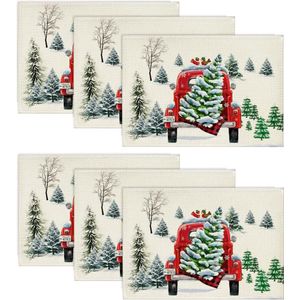 Aquarel Sneeuwbomen Truck Kerst Placemats - Vintage Kerst decoratie - Set van 6 - 30 x 45 cm