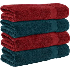 Komfortec Handdoekenset 4x Badhanddoek 70x140 cm - 100% Katoen - Petroleumblauw&Rood