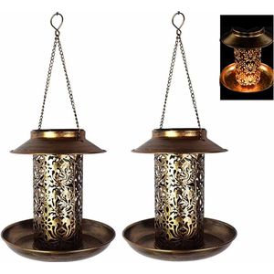 Meedeer Solar tuinverlichting - Tuinverlichting op zonne energie-Solar Lantaarn Set van 2 stuks – Brons /Maat L– Metaal - Solar Tuinlamp op zonne energie – Led Buitenverlichting met Dag/Nacht Sensor – Tafellamp - Hanglamp-Tuinlantaarn –38 x19.5 cm