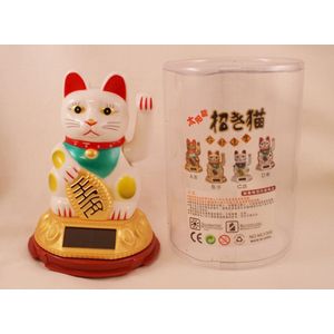 Geluksbrenger zwaaiende kat- Japanse gelukskat-Het geluks katje ""maneki neko."" Solar light .Kunststof. wit.  12x8.5cm
