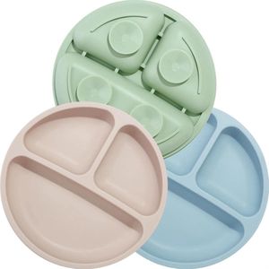 Siliconen 3 babybordjes, antislip, kinderplacemat met zuignappen, onderverdeelde stabiele babyborden voor peuters, BPA-vrij, verpakking van 3 stuks, vaatwasser- en magnetronbestendig