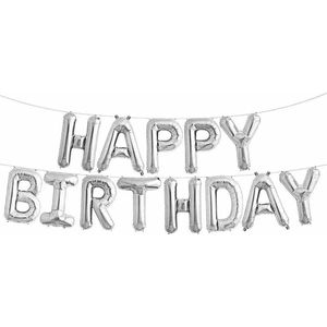 Happy Birthday folieballonnen slinger Zilver 340 x 35 cm - verjaardagsfeest versiering