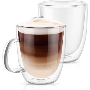 Grote glazen koffiemok set van 2 - Dubbelwandige koffiemokken voor warme dranken (500 ml/set van 2) mokken set