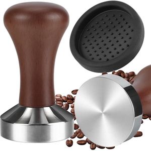 Koffie Tamper, espresso tamper koffiestamper van roestvrij staal, basis houten handvat, design, koffiestamper, set tamper 51 mm incl. tampermat voor optimale tampers, koffieliefhebbers
