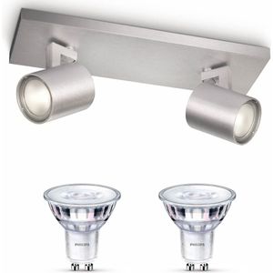 Philips Runner Opbouwspot (Aluminium) - Warmwit Licht - Plafondspot met 2 Lichtpunten - GU10 - SceneSwitch - Eenvoudig Dimbaar met Je Klassieke Schakelaar