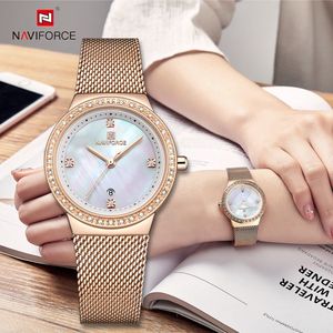 NAVIFORCE horloge met rosé gouden metalen polsband, witte wijzerplaat en rosé gouden horlogekast voor dames met stijl ( model 5005 RGW )