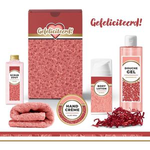 Geschenkset ""Gefeliciteerd"" - 5 producten - 610 gram | Giftset voor haar - Luxe wellness cadeaubox - Cadeau vrouw - Set Gefeliciteerd - Geschenk jarige - Cadeaupakket moeder - Oma - Vriendin - Zus - Verjaardagscadeau - Geslaagd - Roze