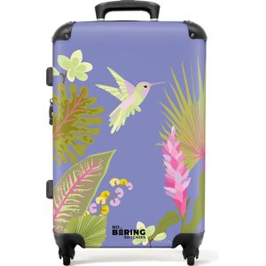 NoBoringSuitcases.com® - Koffer groot - Rolkoffer lichtgewicht - Paars met tropische print - Reiskoffer met 4 wielen - Grote trolley XL - 20 kg bagage