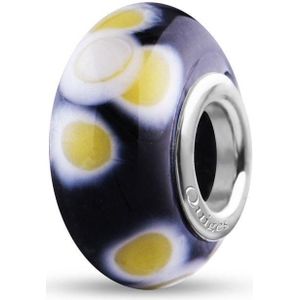 Quiges - Glazen - Kraal - Bedels - Beads Zwart met Geel Witte Bloemen Past op alle bekende merken armband NG492