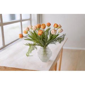 WinQ- Tulpen 14 stuks - Boeket kunst Tulpen 38cm - inclusief Glasvaas - Kunstbloemen Boeket Oranje en rose - zijden bloemen