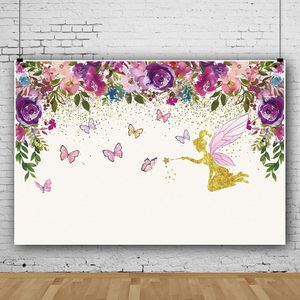 Bloemen fee vlinder achtergrond voor fotografie - roze paarse bloemen - baby douche prinses meisje - kind verjaardagsfeest decoratie - taarttafel banner - foto stand rekwisieten.