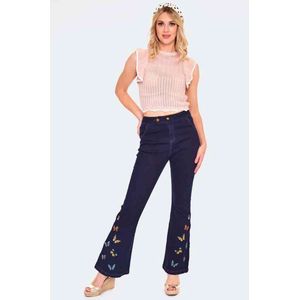 Voodoo Vixen - Butterfly Embroidery Denim Flared jeans - M - Blauw