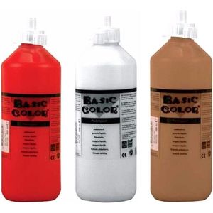 Set van 3x flessen Bruine-Witte-Rode hobby knutselen kinder verf op waterbasis - 500 ml per fles - Schilderen/verfen