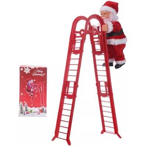 Klimmende Kerstman op A-ladder - 40 cm - Elektrisch Zingende Kerstman - Kerstversiering - Kerstdecoratie