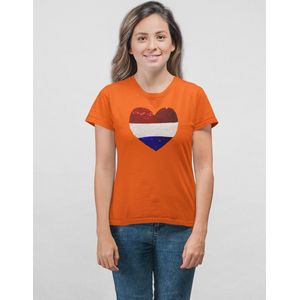 Dames Slim fit T-shirt Nederlandse vlag met Hart magic sequence | koningsdag kleding| Holland | EK-WK-Olympische Spelen | Oranje | maat M