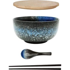 Ramen Bowl Keramische Set - 4 Stuks - Soepkom Pho en Sushi Bowl - Blauwe Kom Set