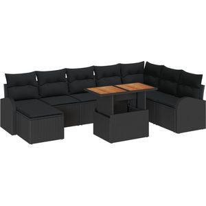 vidaXL - 9-delige - Tuin - Eetset - met - Kussens - Zwart - Poly - Riet - Acacia