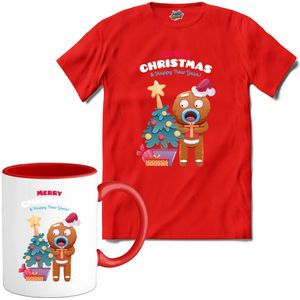 Merry christmas - oliebol buddy - T-Shirt met mok - Meisjes - Rood - Maat 12 jaar