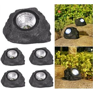 Solar Grondspot(4 stuks) -Gesimuleerde steen Maat L- Warm wit - Grond Spots op Zonne-energie gazon lamp met 4 LED -10 Uur Buiten Verlichting in Tuin - Zonneverlichting buiten - IP65 Waterdicht - Tuinverlichting Lamp - Buitenverlichting Tuinlamp-Zwart