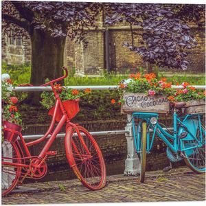 WallClassics - Vlag - Rood/Blauwe Fietsen met Bloemen Gevuld - 50x50 cm Foto op Polyester Vlag