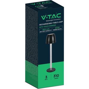 V-TAC VT-7576-B Tafellampen - Oplaadbare Tafellampen - IP20 - Zwart - 3 Watt - 310 Lumen - 3000K