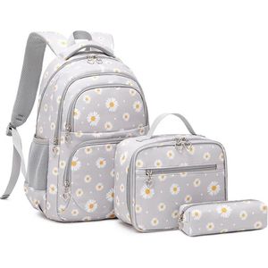 Ultiluxe® Rugzak met bloemen 3 stuks - Grijs/wit - 30 x 17 x 44 cm - Rugtas, lunchtas, etui - 15.6 inch laptoptas - Schoolrugzak voor kinderen - Meiden school tassen set - 22 L - Schooltas voor meisjes - Madeliefjes schoolrugtas