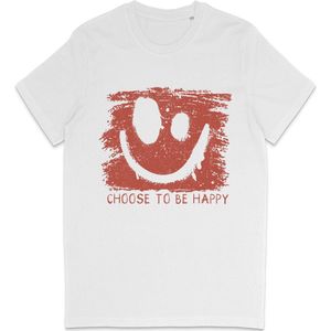 T Shirt Heren en Dames (Unisex) Be Happy Smiley Rode Grunge Print Opdruk - Wit - Maat XS