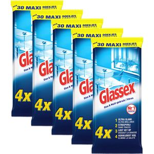 Glassex Schoonmaakdoekjes - Glas & Vuil - 5x 30 stuks - Voordeelverpakking