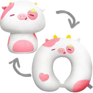 Omkeerbaar nekkussen pluche, Kawaii Aardbei Koe Zacht Speelgoed Flip Knuffel voor kinderen, Nekkussen Pluche Geschikt voor vliegtuigen en auto's (33 cm)