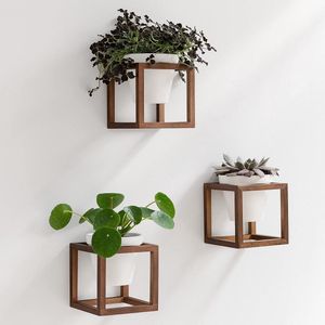 Wandvazen ​​-Lille- | Hangende bloempotten in echt houten frame | 3-delige plantenbakkenset van keramiek en hout voor muur, tafel en meer | Walnoot bruin