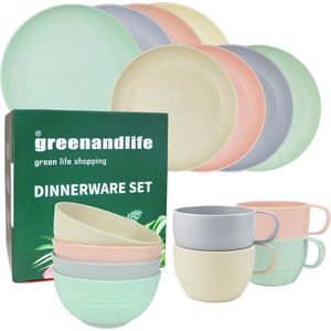 16-delige kunststof serviesset, onbreekbare campingborden en kommen, servies voor 4 personen, greenandlife, dinerbord, dessertbord, ontbijtgranenkom, beker, vaatwasser en vaatwasser