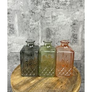 Dromist - Vaas - Glas - H 19 cm - 3 stuks - Whisky - Vierkant - Rood - Groen - Grijs