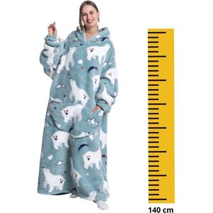 Ijsbeer fleece deken met mouwen en capuchon – fleece hoodie – EXTRA lang - Draagbare deken - fleece kleed met capuchon en mouwen – hoodie blanket - maat XS t/m XL – TV plaid met mouwen - 140 cm - chillen – relax outfit– grijs/blauw - Badrock