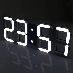 3D digitale led-wekker, wandklok, digitale klok, led-tafel-bureauklok, dimbaar nachtlampje, sluimerfunctie, kalender, thermometer, uurweergave voor thuiskantoor, slaapkamer (Zwart-wit licht)