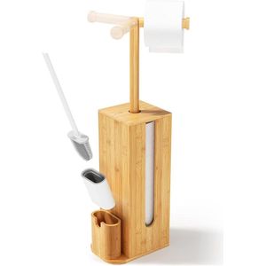 Toiletpapierhouder staand met wc-borstel van bamboe - 3-in-1 WC-set met opslag - toiletpapierhouder met borstel - 716 x 155 x 215 cm (h x b x d) Toilet Paper Holder