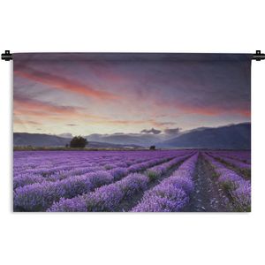 Wandkleed De lavendel - Zonsondergang boven lavendels Wandkleed katoen 90x60 cm - Wandtapijt met foto