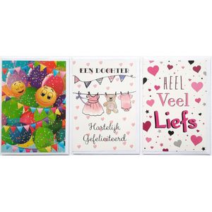 3 Wenskaarten - Een Dochter + Ballonnen + Heel veel liefs - 12 x 17 cm – GEB-302