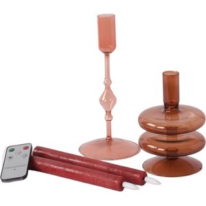 WinQ! – Vrolijke ronde Glazen Kaarsenhouders - inclusief led kaarsen - in de kleur Pink en roze - Kaarsenstandaard glas 9,5x15cm en 10x22cm - Decoratie woonkamer