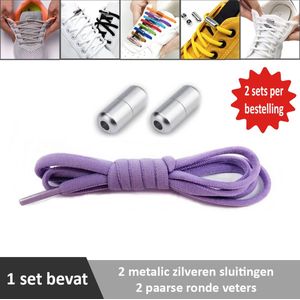 2 paar paarse ronde elastische veters met metalic zilveren sluitingen. Je hoeft voortaan nooit meer je veters te strikken