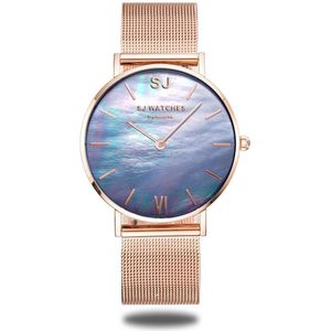 SJ WATCHES Melbourne horloge dames rose goud en blauw rond Seashell - horloges voor vrouwen 36mm