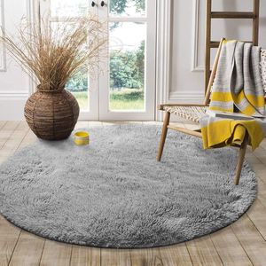 Vloerkleed, rond-shaggy hoogpolig tapijt voor woonkamer, langpolig tapijt, hoogwaardig, zeer onderhoudsvriendelijk, draaddicht, voor binnen (grijs, 122 x 122 cm)