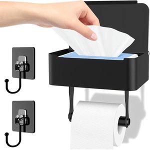 Mat Zwarte Toiletpapierhouder Zonder Boren - Inclusief 2 Kleefhaken - Met Vochtige Doekjesbox - Roestvrij Staal - Met Plank - Zelfklevend of Boren