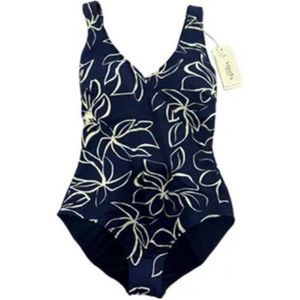 Badpak Vrouwen- Plus Size Zwempak- Dames Badmode Bleomenprint- Swimwear VC719- Navy wit details- Maat 46