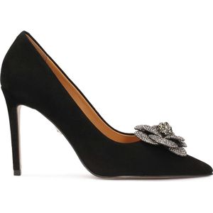 Black suede pumps with shiny flower