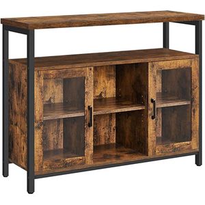 Hoppa! Dressoir, keukenkast, opbergkast met 2 transparante glazen deuren, verstelbare planken, voor keuken, eetkamer, 100 x 35 x 80 cm, industriële stijl, vintage bruin-zwart